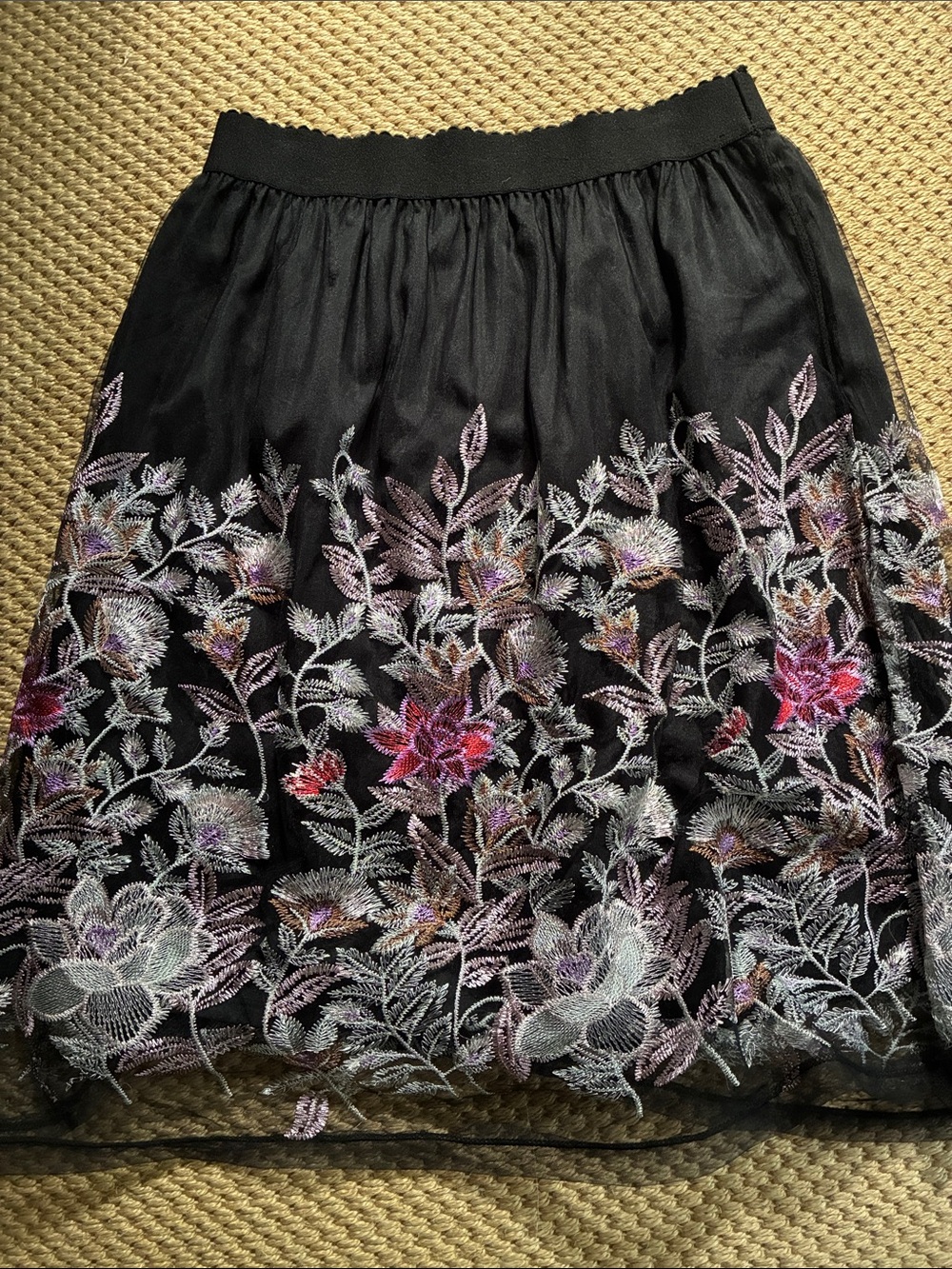 Magic Black A-Line Skirt with Multicolor Floral Embroidery